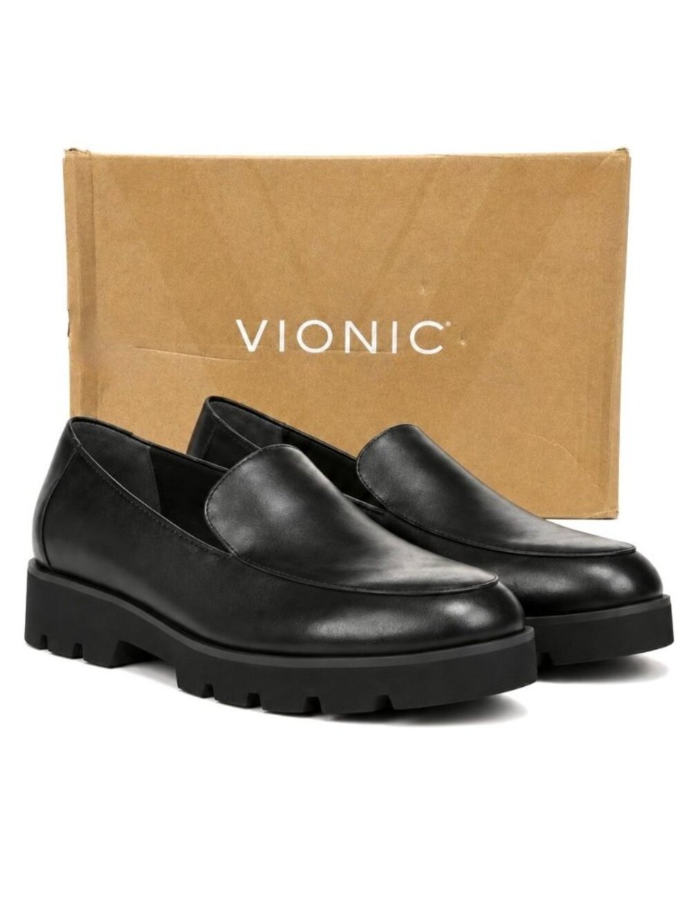 Vionic Kensley Supportive Black Leather Loafers Womens 7.5 M Comfort Lug Sole